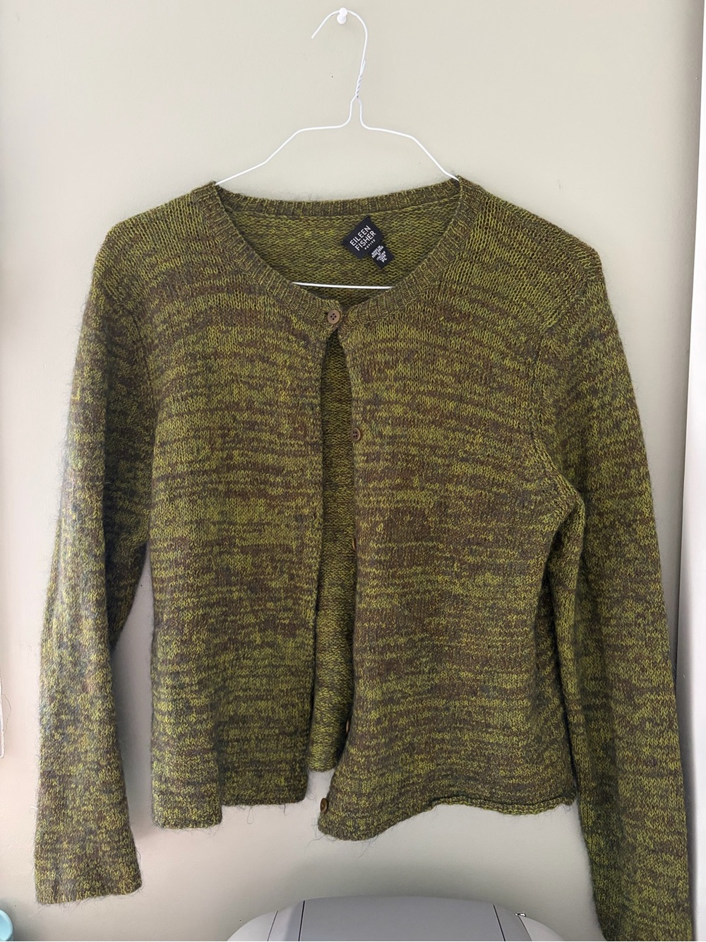 Eileen Fisher Olive Mélange Round-Neck Button Cardigan